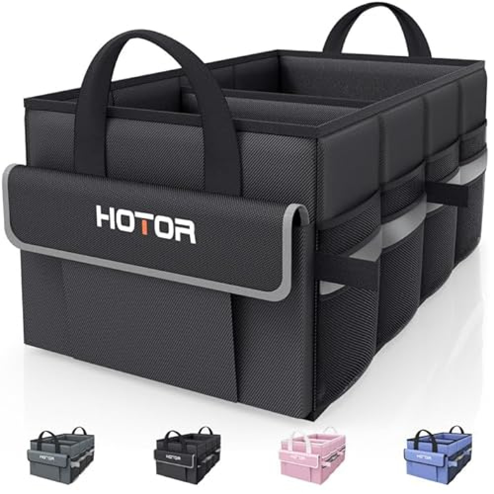 HOTOR Foldable Trunk Organizer - SUV, Sedan & Van Compatible, Sturdy Base Panel for Car Accessories, Black, 2 Compartments, 21.3"12.6"10.6"