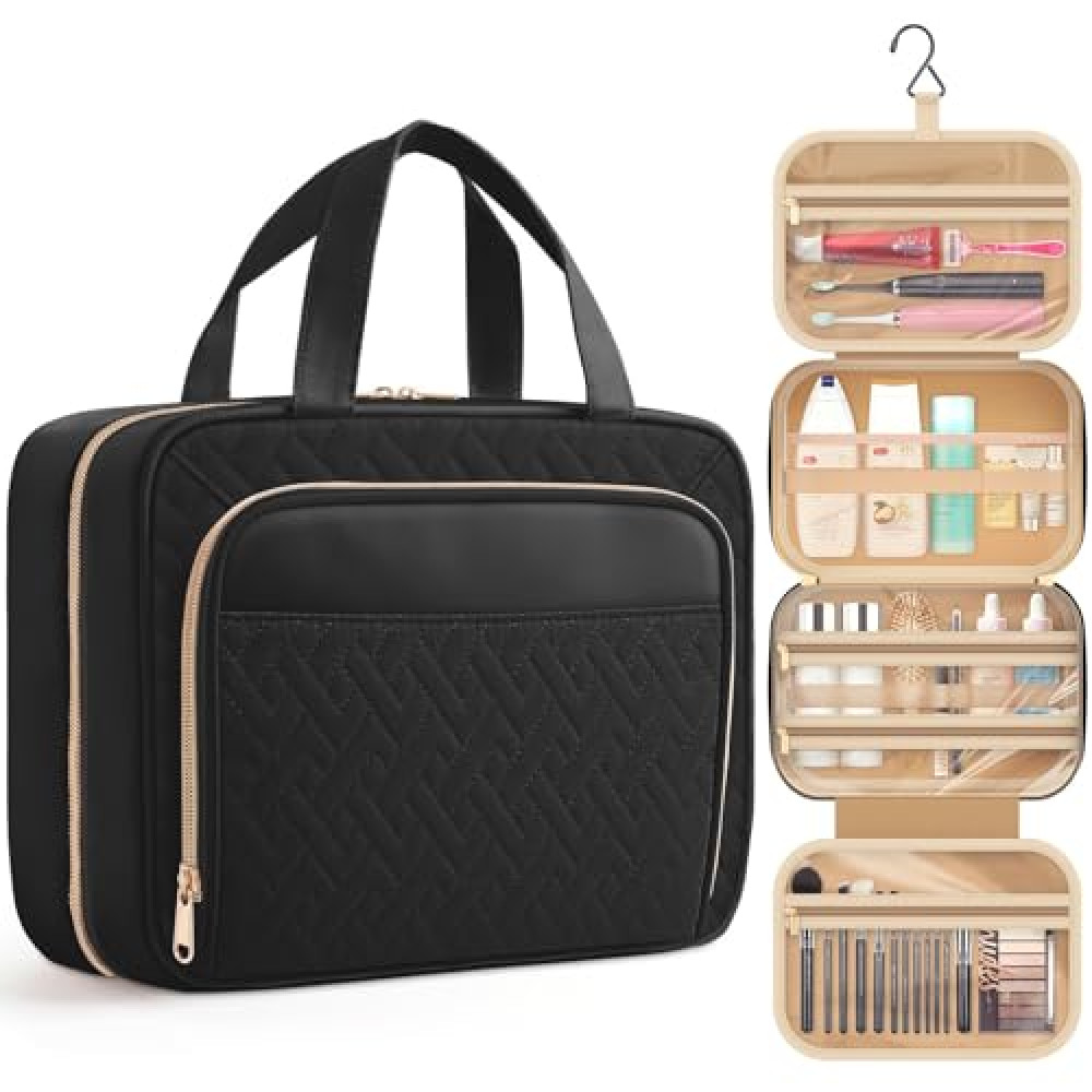 HOTOR Travel Toiletry Bag for Women & Men, Waterproof Makeup Bag with Hanging Hook and Multiple Pockets, Cosmetic Bags for Women, Travel Essentials, 11.2'' x 3.2'' x 8.9'', Black