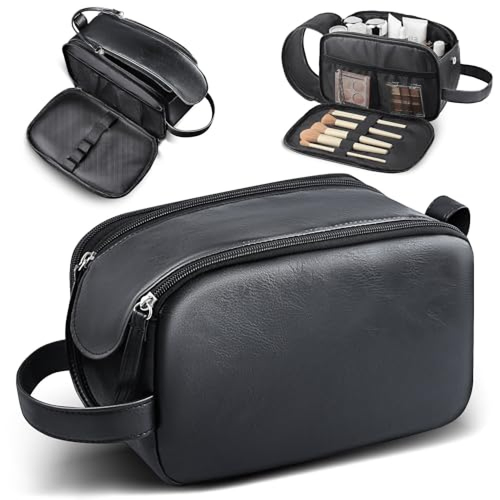 HOTOR Travel Toiletry Bag - Water Resistant Travel Essentials for Women and Men, Compact Leather Toiletries Organizer with Handle, Versatile Cruise Ship Essentials, Black, Medium