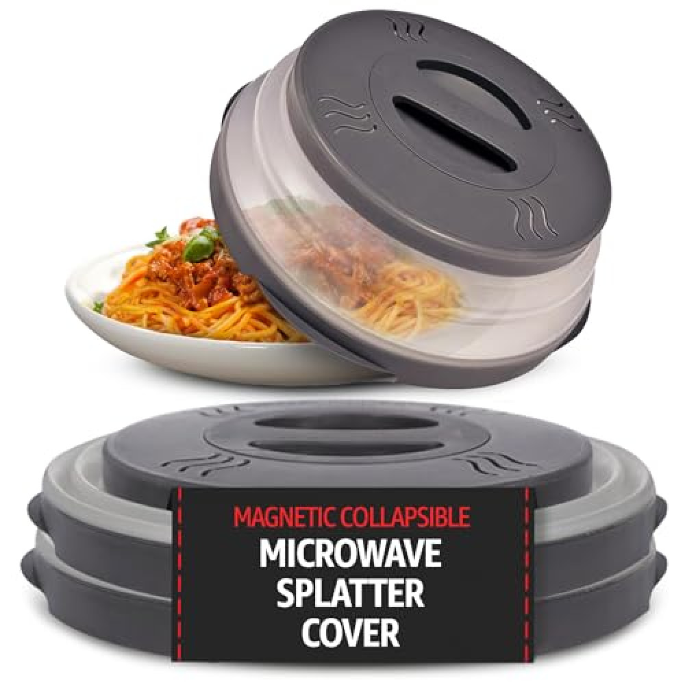 Hover Cover 2.0 Magnetic Microwave Splatter Cover, Collapsible 12-Inch BPA-Free Food Lid with Upgraded Magnets, Vented Plate Guard, Dishwasher Safe, Space-Saving Magnetic Storage - Gray