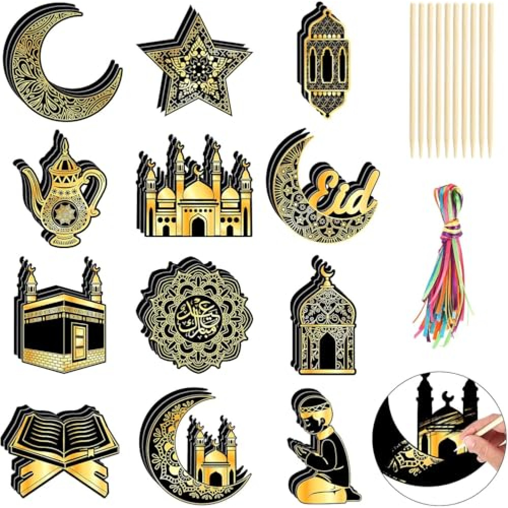 HOWAF 36pcs Eid Mubarak Scratch Cards Art Kit, Eid Gift Scratch Off Hanging Card for Eid Holiday Activity School DIY Drawing Project Supplies, Eid Islamic Gifts Paper Crafts Decorations Black Gold