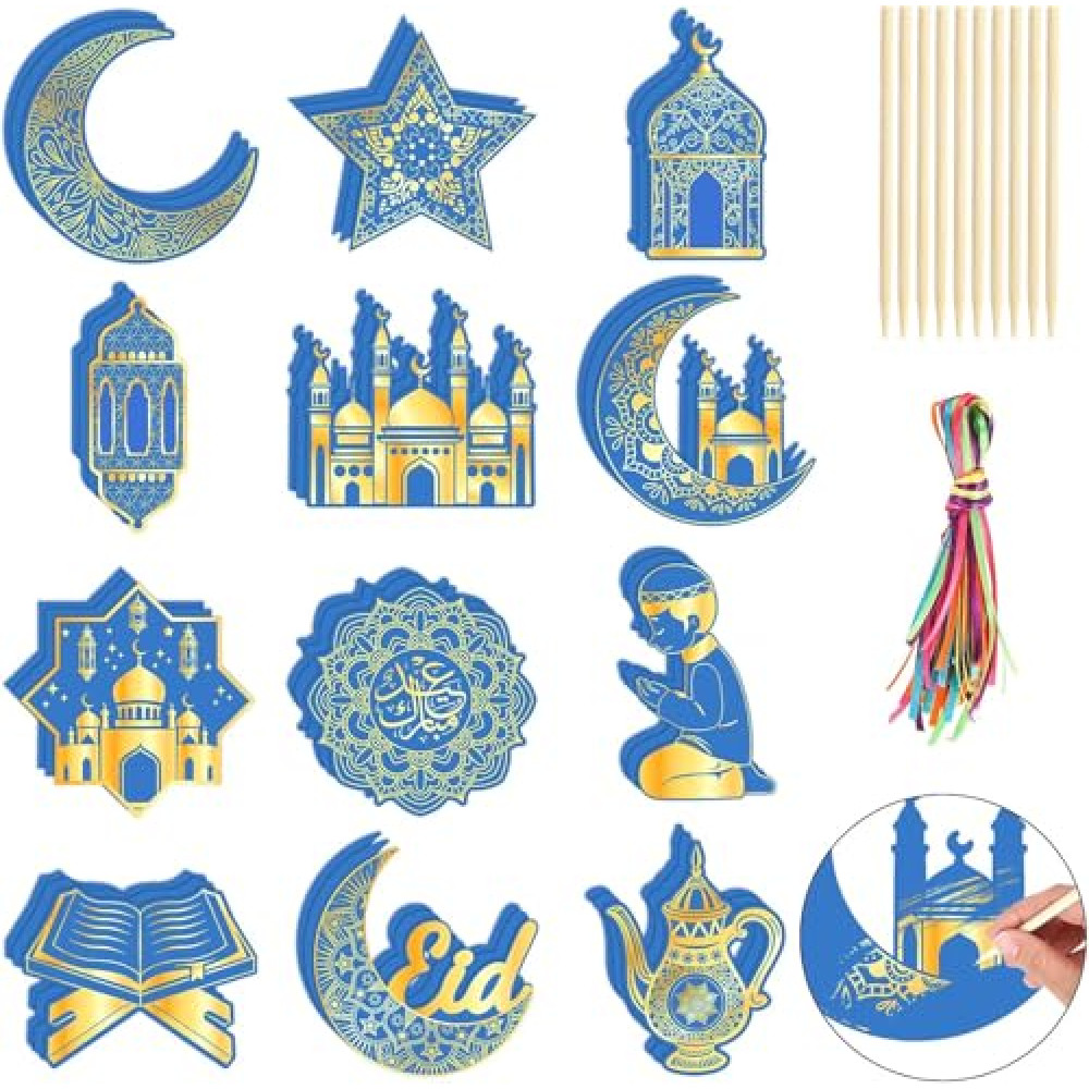HOWAF 36pcs Eid Mubarak Scratch Cards Art Kit, Eid Gift Scratch Off Hanging Card for Eid Holiday Activity School DIY Drawing Project Supplies, Eid Islamic Gifts Paper Crafts Decorations Blue Gold
