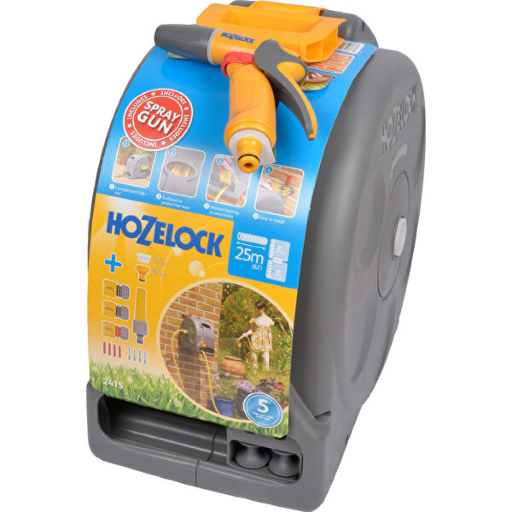 Hozelock 2415-3705H Duvarda ve Yerde Kullanılabilen 25 M Hortumlu Kapalı Hortum Toplama Sarma Makara Seti + 2674H Jet Sprey Sivri Uçlu Atım Ayarlı ... Bahçe Malzemeleri Fiyatı