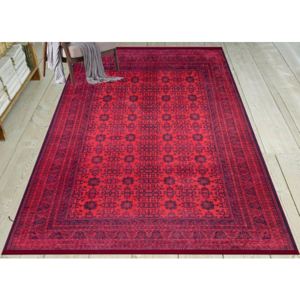 HR Moda Afgan Türkmen Halısı Otantik Desenli Lacivert Kırmızı, Dıjıtal Baskılı, Yıkanabılır Yolluk ve Halı - 80 x 150 cm - Renkli Salon Halısı Fiyatı