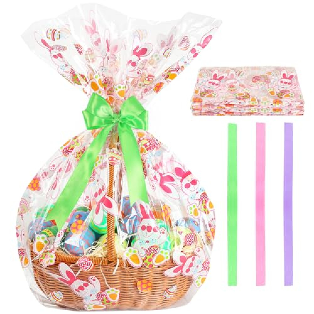 HRX Package 10 PCS Easter Basket Bags Flat Bottom 25.6x23.6x6.3 Inches, Large Clear Cellophane Wrap for Gifts & Basket Wrapping, Bunny & Egg Designs