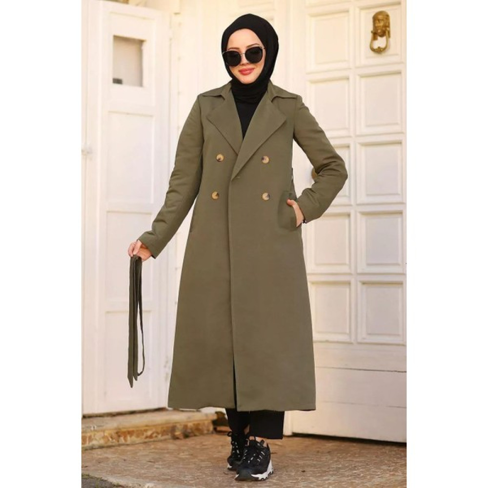 Hscstore Kadın Gabardin Kumaş Tesettür Haki Trençkot -4395 Kadın Trençkot Fiyatı