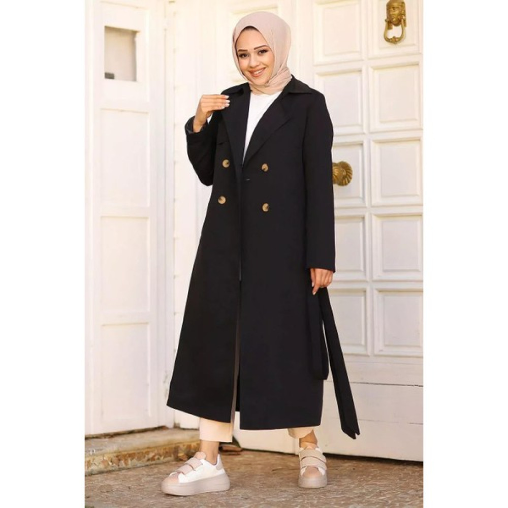 Hscstore Kadın Gabardin Kumaş Tesettür Siyah Trençkot -4395 Kadın Trençkot Fiyatı