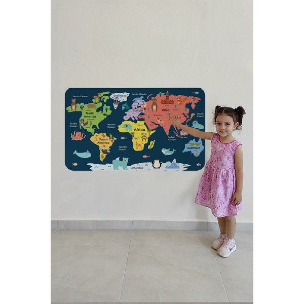 HSD Telekom Eğitici Dünya Haritası Dünya Atlası Çocuk ve Bebek Odası Duvar STICKER 3810 - Renkli Harita & Küre Fiyatı