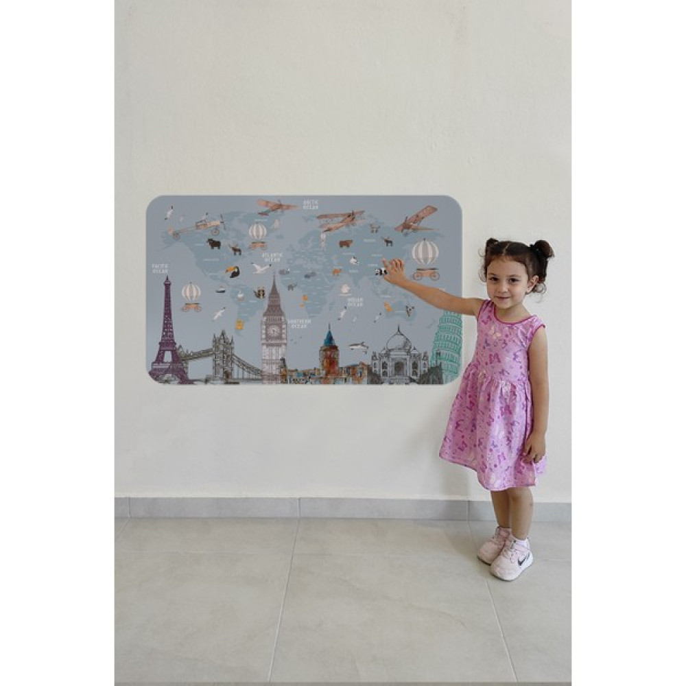 HSD Telekom Eğitici Dünya Haritası Dünya Atlası Çocuk ve Bebek Odası Duvar STICKER 3820 - Renkli Harita & Küre Fiyatı