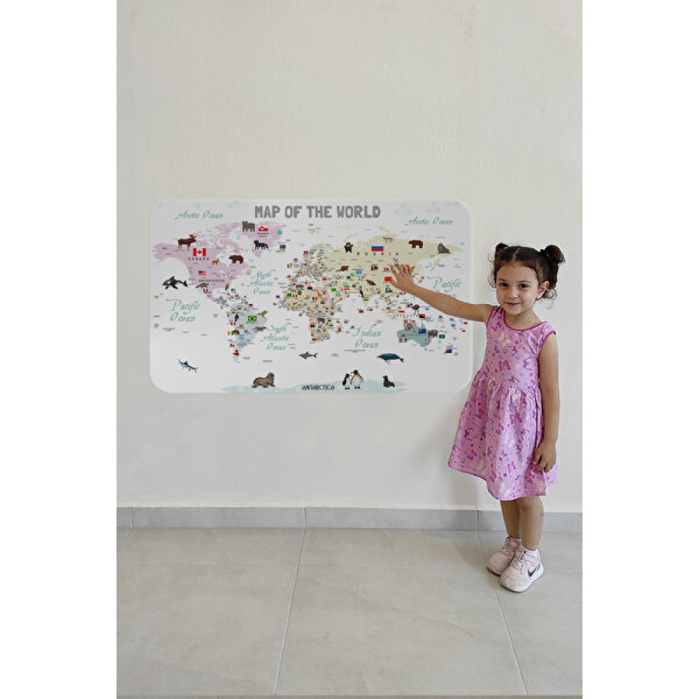 HSD Telekom Eğitici ve Bayraklı Dünya Haritası Dünya Atlası Çocuk ve Bebek Odası Duvar STICKER 3813 - Renkli Harita & Küre Fiyatı