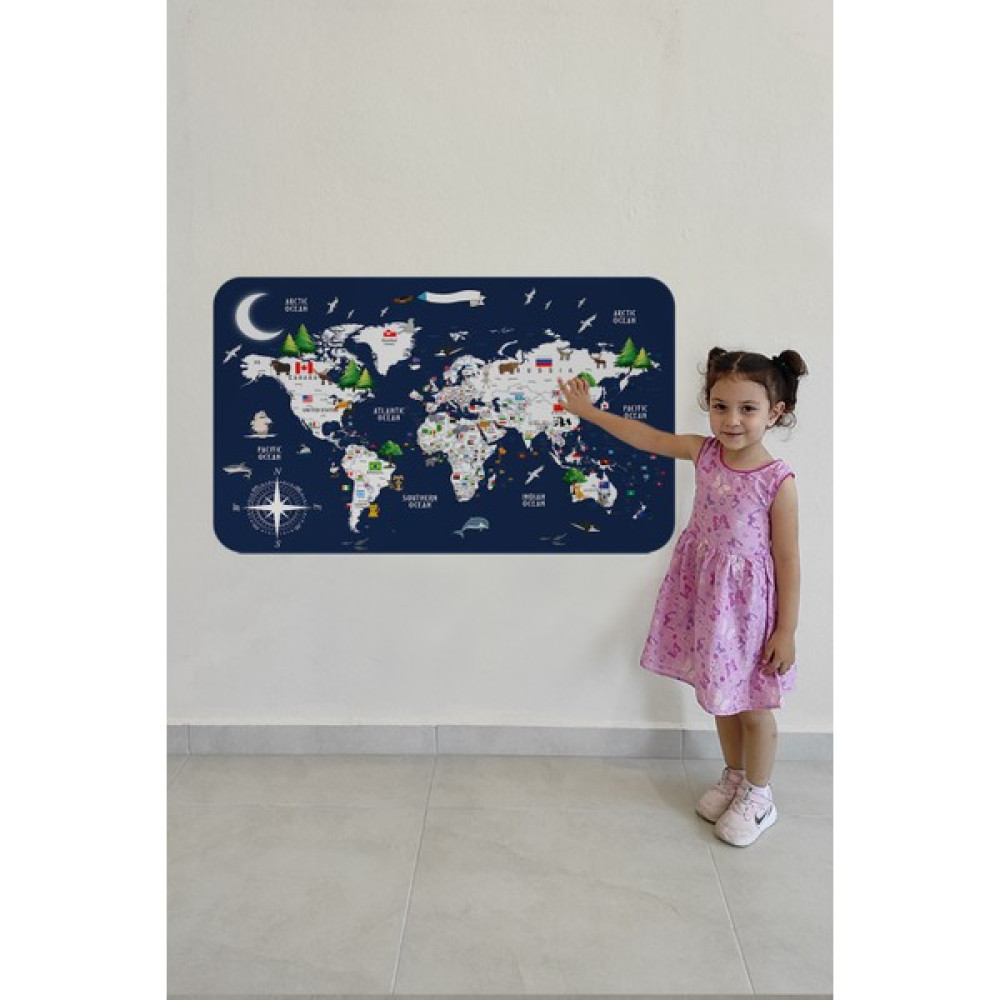 HSD Telekom Eğitici ve Bayraklı Dünya Haritası Dünya Atlası Çocuk ve Bebek Odası Duvar Sticker 3819 - Renkli Harita & Küre Fiyatı