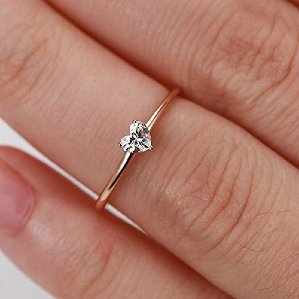hsiyyecg Women's Heart-Shaped CZ Crystal Ring in Rose Gold Minimalist, Delicate Plain Band Knuckle Stacking Midi Jewelry (US Size 6)