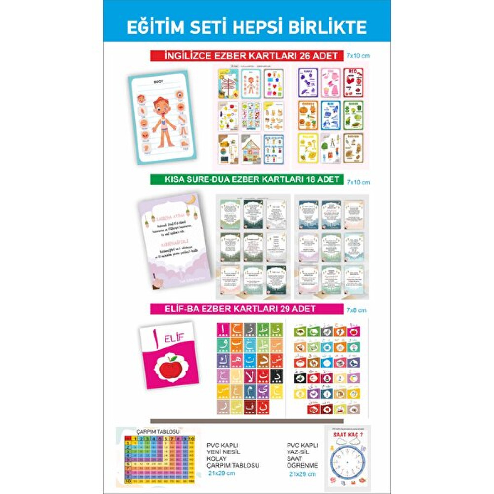Hsn Çocuk Eğitim Seti Ingilizce Dua Elif Ba Ezber Kartları Saat Çarpım Tablosu Öğrenme 3 + Yaş Okul Malzemeleri Fiyatı