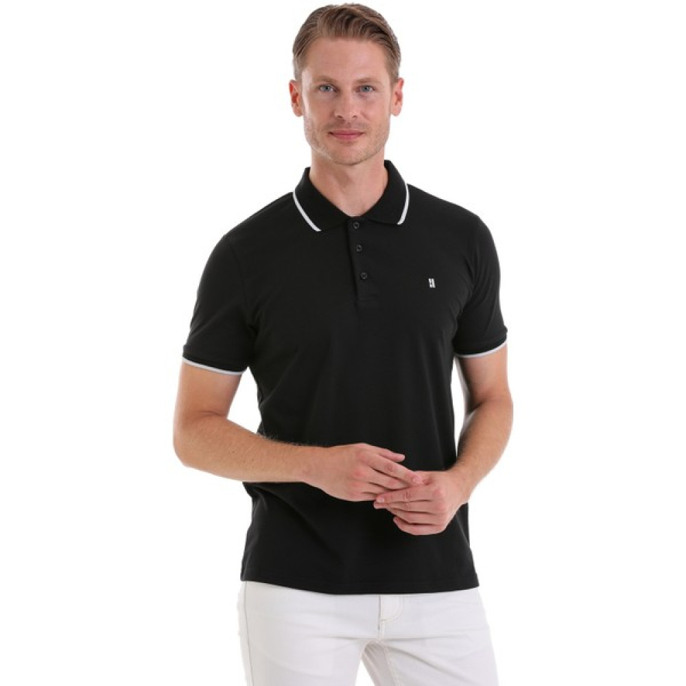 HTML Siyah Regular Fit Düz 100% Pamuk Polo Yaka Tişört Erkek T-shirt Fiyatı