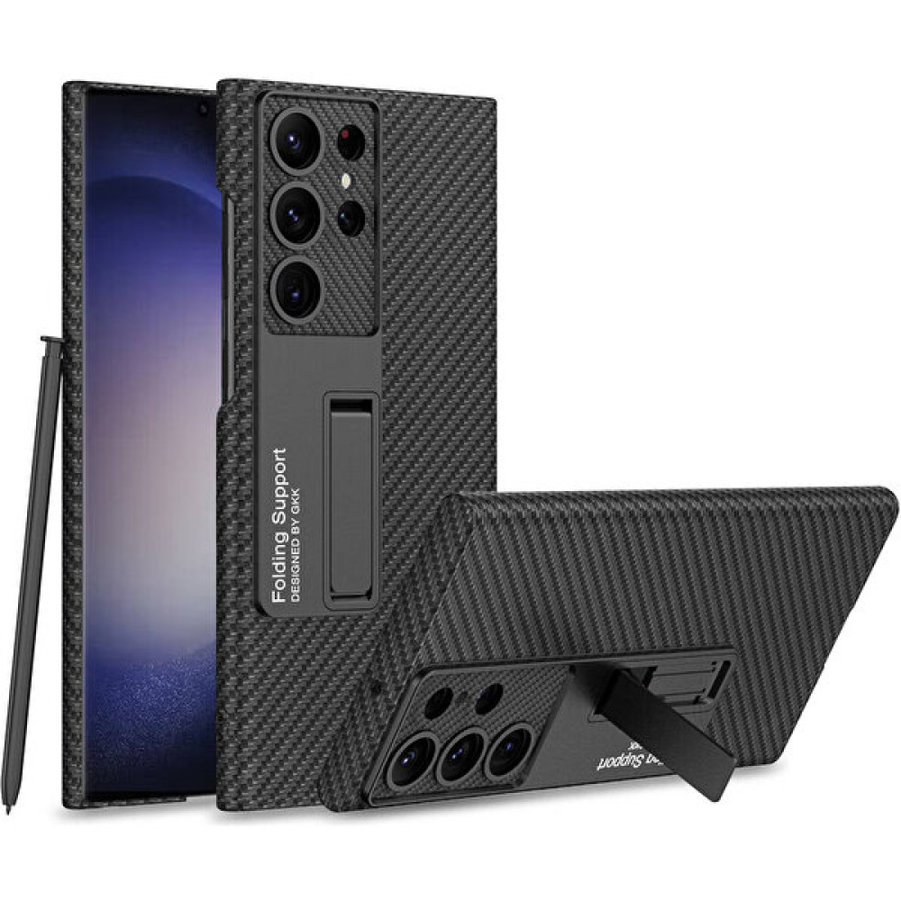 HTstore Samsung Galaxy Uyumlu S24 Ultra Kılıf Zore Kıpta Standlı Kapak-Siyah Karbon - Siyah Karbon Cep Telefonu Kılıfı Fiyatı