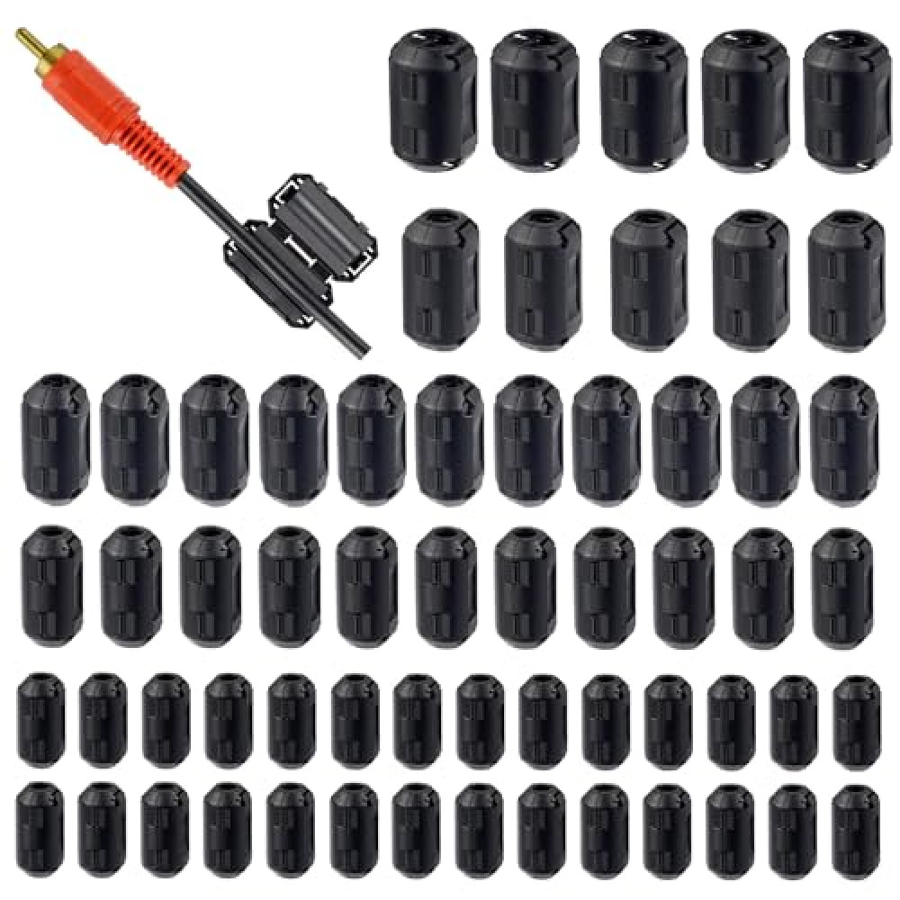 HUAREW 60 Pcs Black Clip-on Ferrite Ring Core RFI EMI Noise Suppressor Cable Clip for 3 mm 5mm 7mm 9mm 13mm Diameter Cable