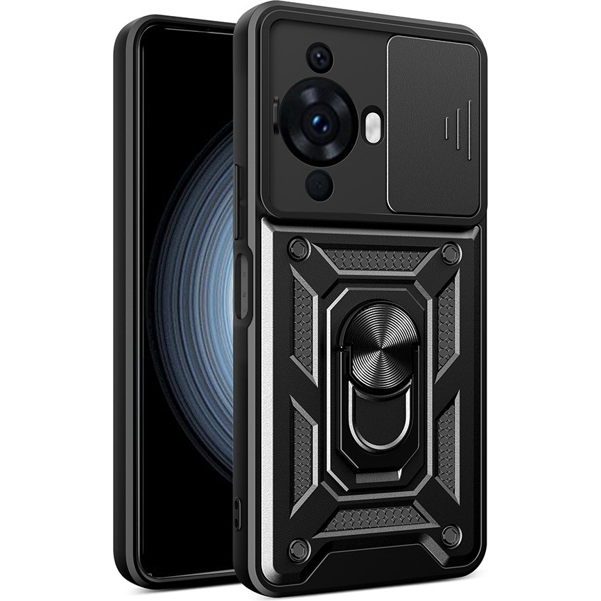 Huawei Nova 12S Uyumlu Kılıf Magnetik Standlı Kamera Korumalı Sürgülü Kapak-Siyah - Siyah Cep Telefonu Kılıfı Fiyatı