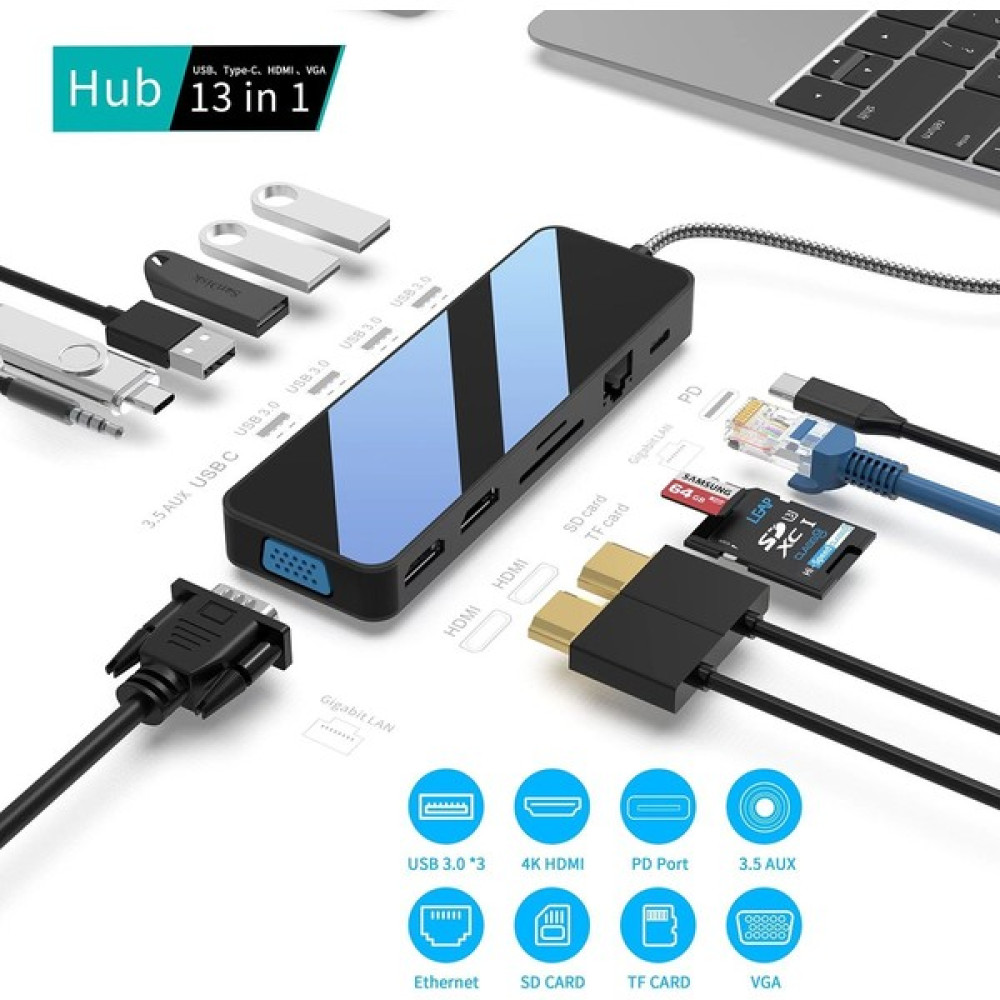 Hub Type-C & 2 HDMI VGA USB 3.0 Pd Ethernet 13 In 1 Macbook Pc Uyumlu Adaptör Çoklayıcı - Siyah Bilgisayar Çevirici ve Adaptörü Fiyatı