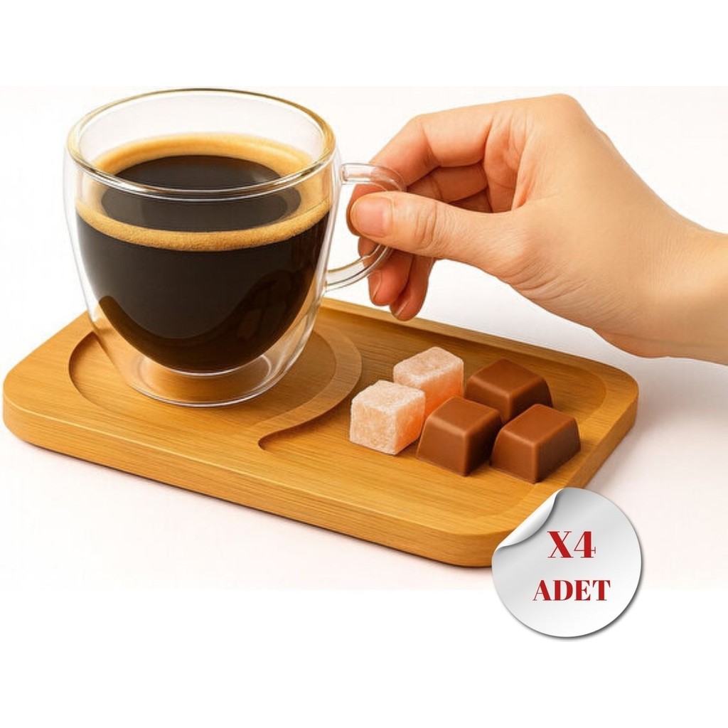 Hubby Chef 4 Kişilik Çift Cidarlı Bardak ve Bambu Tabaklı Espresso Çay Kahve Fincan Takımı Fincan / Bardak / Kahve Takımı Fiyatı