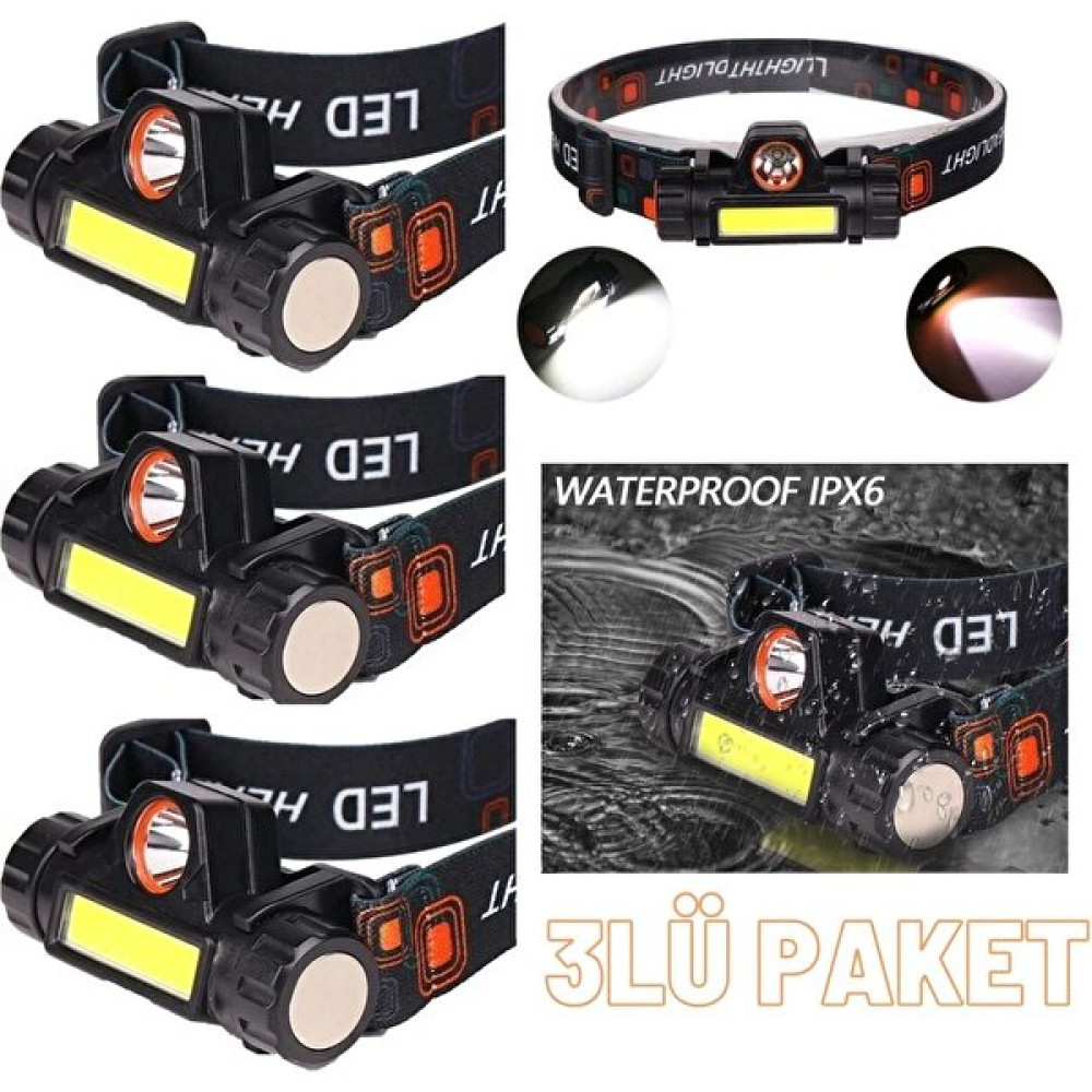 Hubstein 3 Adet Süper Parlak Cob LED 1200 Lümen Şarjlı Kafa Feneri, Kafa Lambası Çalışma Lambası Kafa Feneri Fiyatı