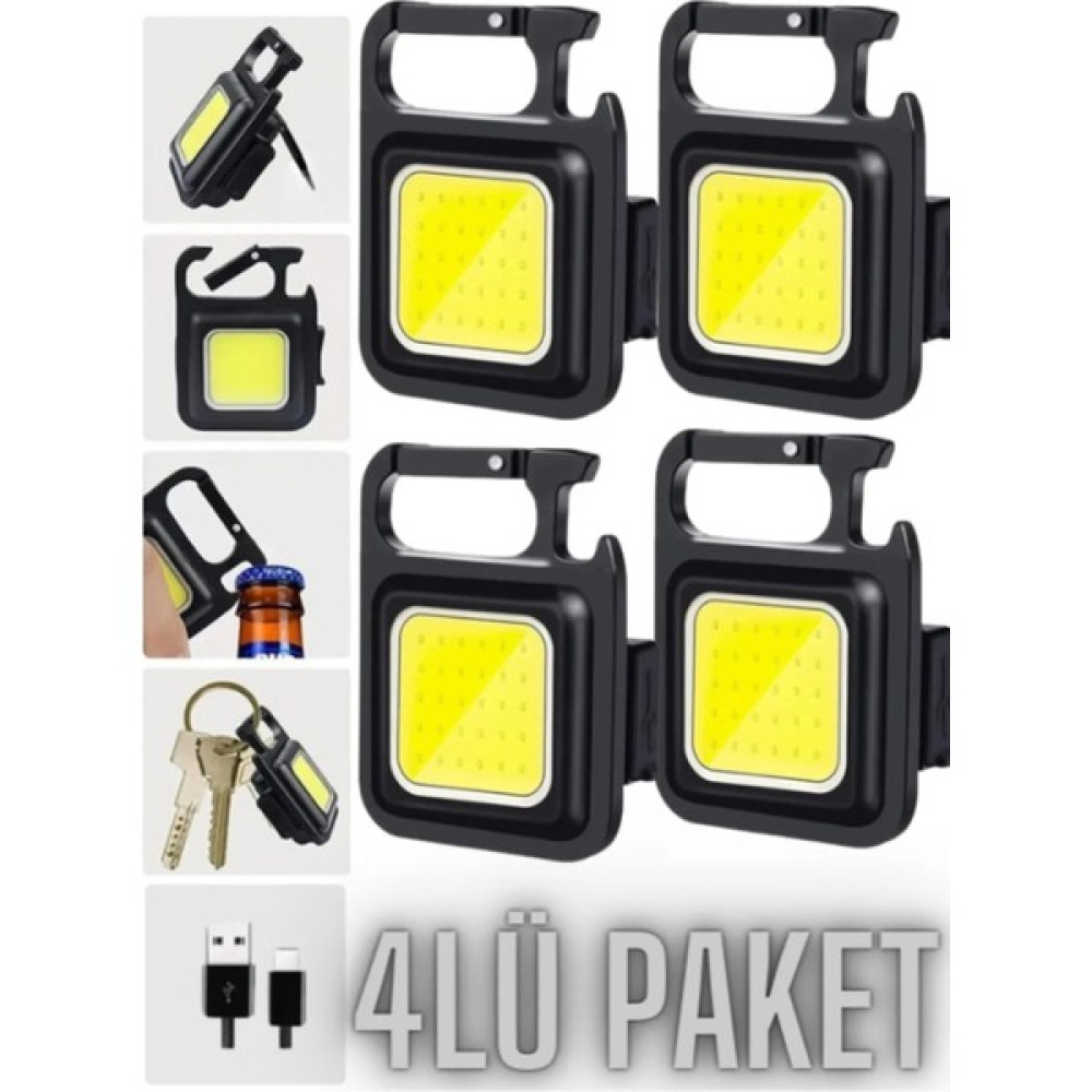 Hubstein 4 Adet LED Anahtarlıklı Metal Kasa El Feneri Şişe Açacağı Usb’li Şarj Edilebilir Cep Boy Cob 800MAH FW-14-4AD Kamp Malzemeleri Fiyatı