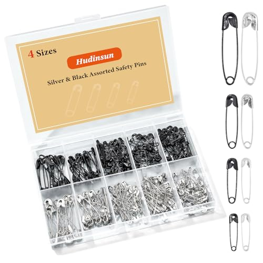 Hudinsun 210 PCS 4 Different Sizes Silver and Black Safety Pins Assorted, Small and Large Safety Pins Bulk for Clothes and Sewing