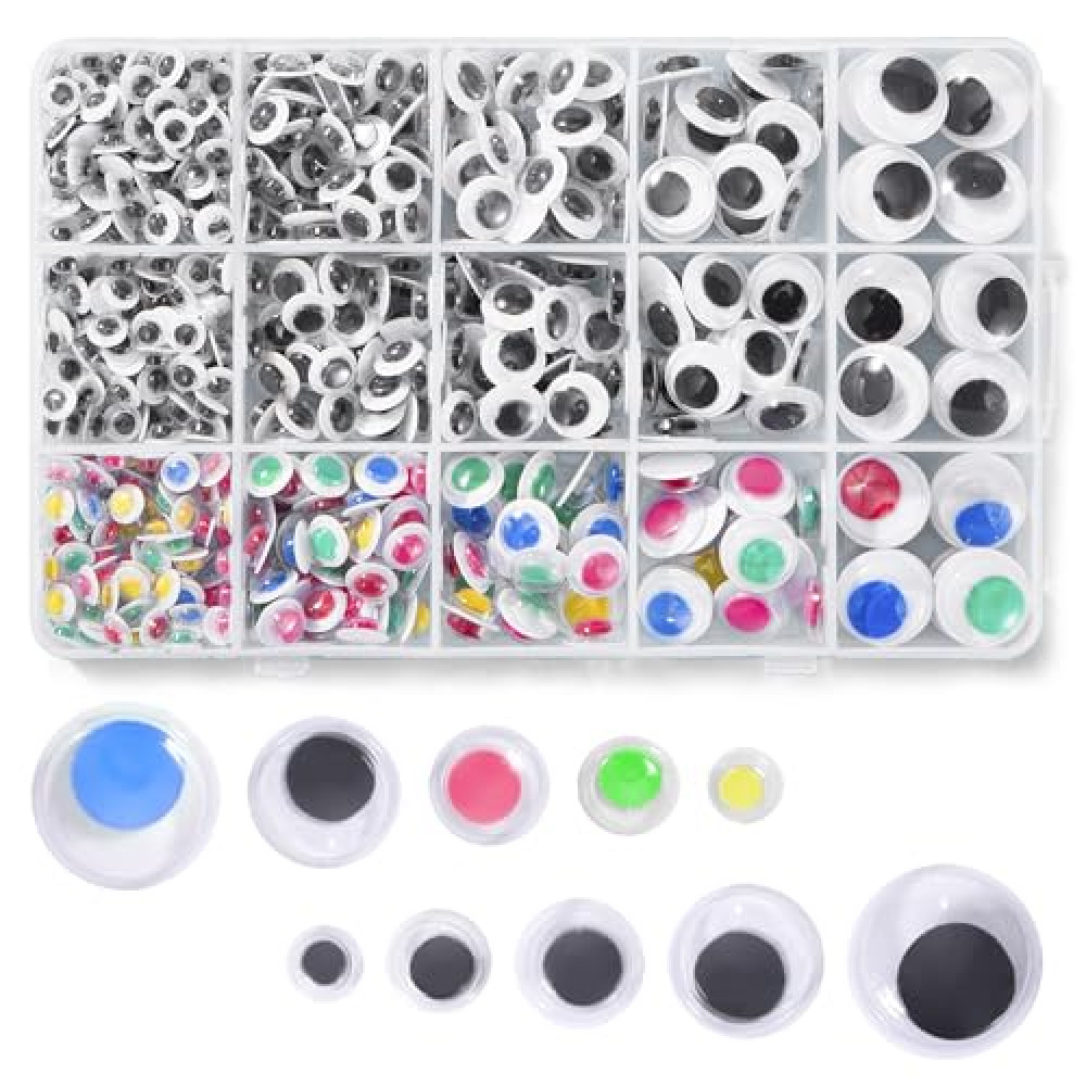 Hudinsun 600pcs Black and Multi Colors Wiggle Googly Eyes Self Adhesive, 6mm 8mm 10mm 12mm 15mm 20mm Small and Large Googly Eyes for Crafts