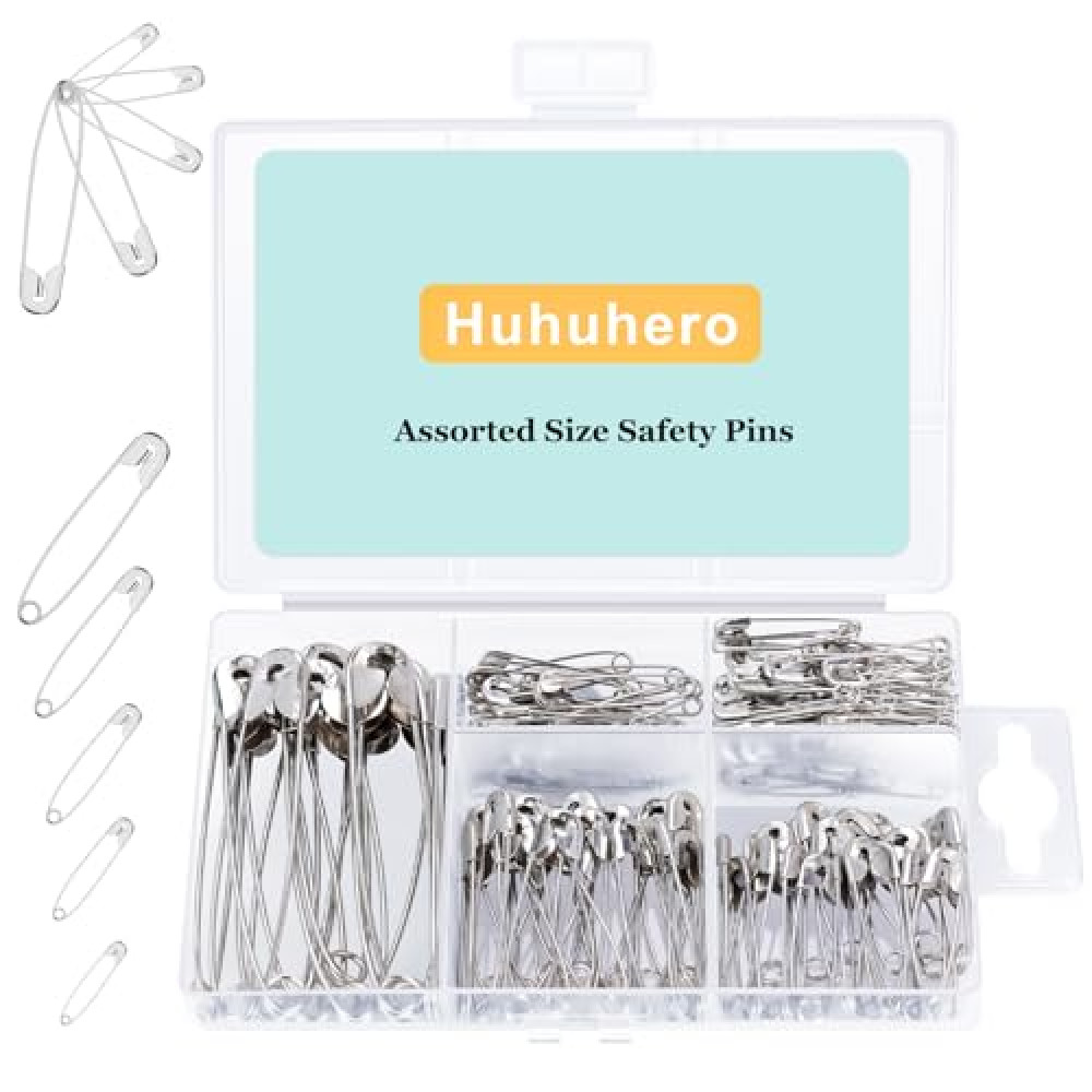 Huhuhero Safety Pins Assorted, 5 Different Sizes Small and Large Pin, 150-Pack Safety Pins for Clothes Costume Sewing, Nickel Plated Steel Bulk, Art and Craft Supplies (Sliver)