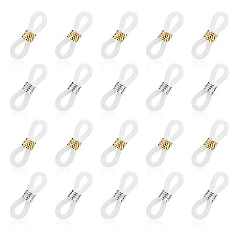 HUIHUIBAO 20 Pieces Eyeglass Chain Ends, Adjustable Spring Rubber Ends Connectors for Eye Glasses Holder Necklace Chain Strap, Gold and Silver Ring (Clear)