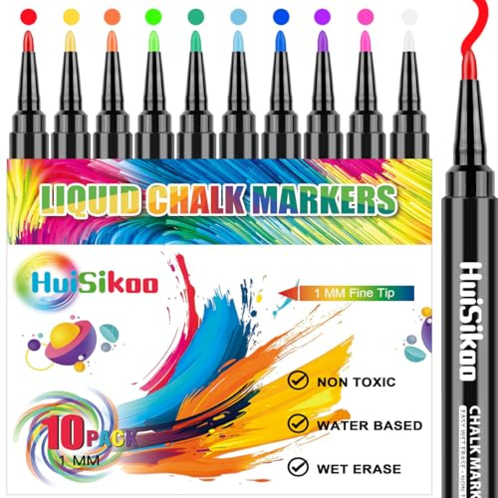 HuiSikoo Liquid Chalk Markers for Acrylic Calendar Planning Board - Fine Tip Wet Erase Markers for Dry Erase Board, Whiteboard, Glass, Mirror - 1mm Fine Point, Easy to Erase, Quick Drying (10 Color) Chalk Fiyatı