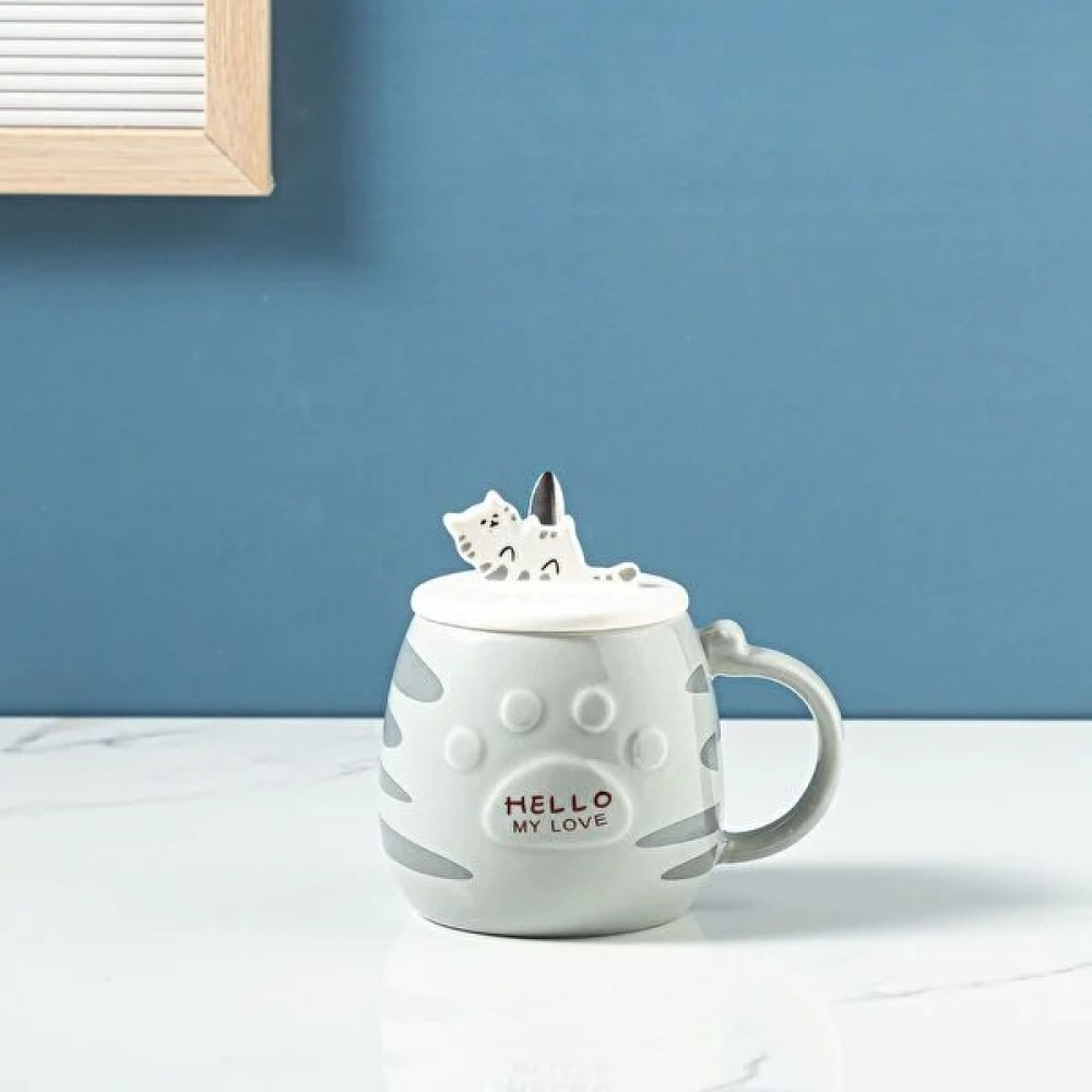 Hun Sevimli Özel Tasarım Kedi Figürlü Kapaklı Kupa Mug Sevgiliye Hediye - Gri Fincan / Bardak / Kahve Takımı Fiyatı