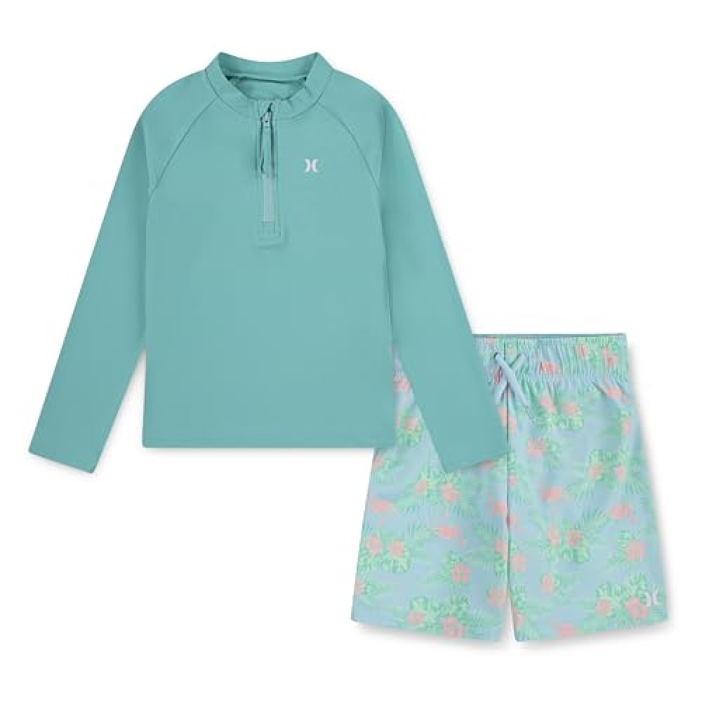 Hurley Unisex Baby Long Sleeve Rash Guard Swim Suit 2-Piece Outfit Set, Green/Flamingo