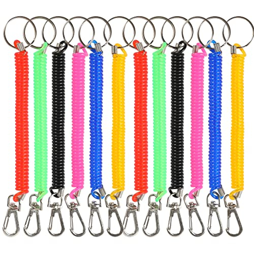 H&W 12pcs Retractable Coil Spring Keychain, 6 colors Spiral Cord Coil Keychain Holder, with Key Ring & Lobster Clasp, for Keys Wallet Cellphone and Other Important Item