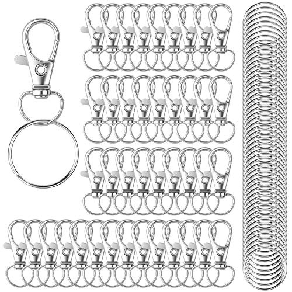 HXSEMAYIG 100PCS Keychain Hooks with Key Rings,Metal Swivel Lobster Claw Clasps, for Keychain Clip Lanyard, Jewelry Making, Crafts (Silver)