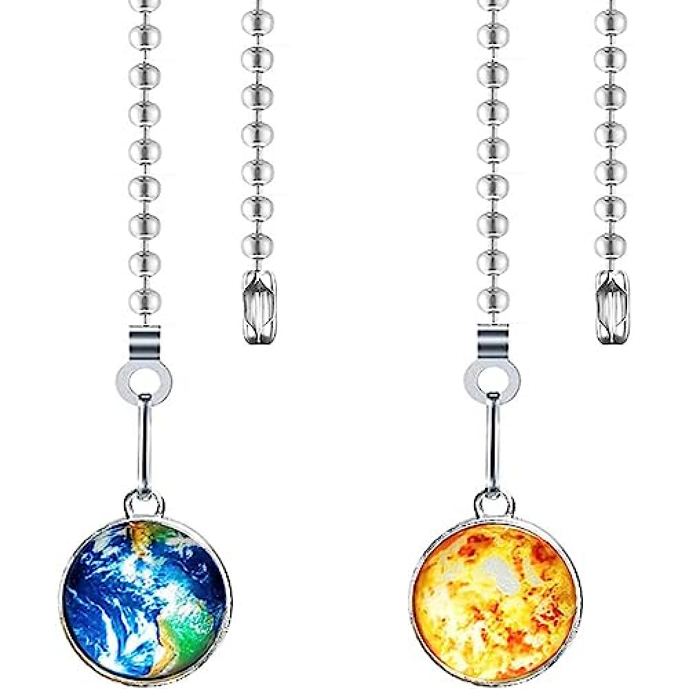 Hyamass 2Pcs 12 inch Ceiling Fan Pull Chain Planet Charm Pendant Ceiling Fan Danglers Fan Pulls Chain Extender with Ball Chain Connector for Ceiling Fan Light Decoration（Earth+Sun）
