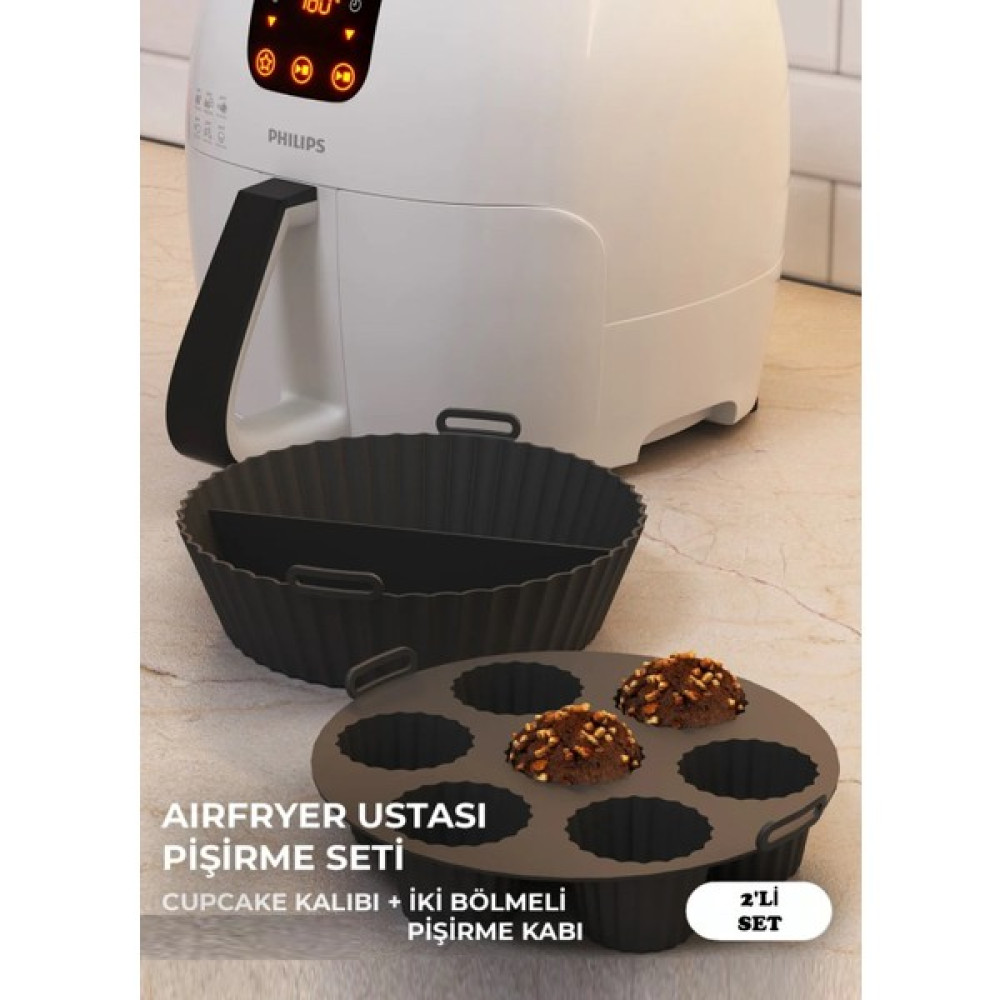 Hyd 2'Li Set Silikon Airfryer Bölmeli Pişirme Kabı Ve Cupcake Kabı Aksesuar Bpa Içermez - Siyah Kek Kalıpları Fiyatı