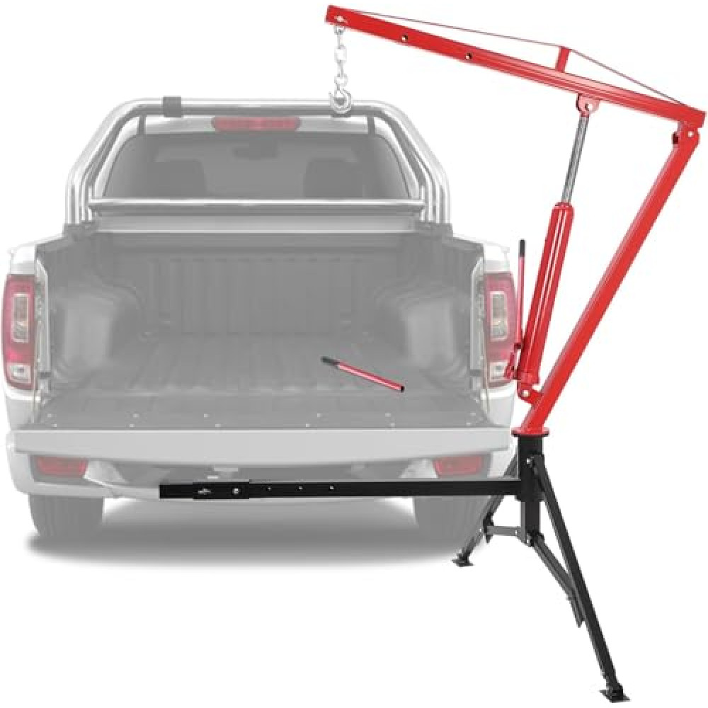 Hydraulic Pickup Truck Crane, 1000 Lbs Capacity, 360°Swivel, Hitch Mounted Crane with 3 Adjustable Capacities of 500 Lbs, 750 Lbs and 1000 Lbs for Lifting Goods in Construction, Red