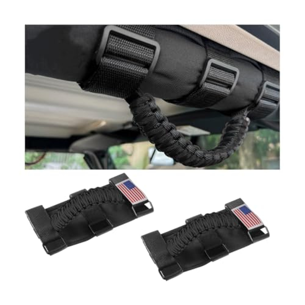HZEL 2PCS Roll Bar Grab Handles, Oxford Cloth Upgrade Metal Buckle Paracord Grip Handles, Durable and Strong Car Accessories, Compatible with Wrangler JL, JLU, JT, JK, JKU, TJ, LJ and YJ（Black）