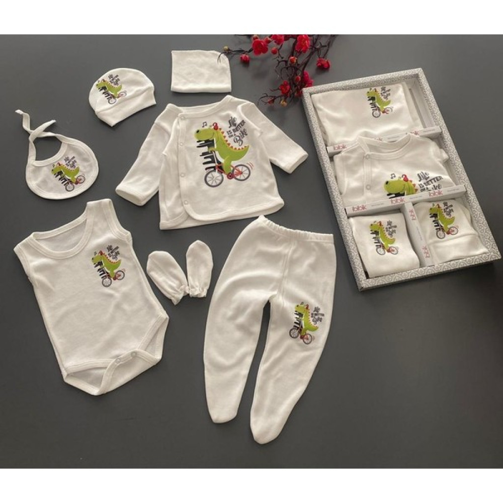 İbibik Kids 7li Kutulu Atletlı Zıbın Yandan Çıtçıtlı Sevimli Dinazor Baskılı Beyaz Yenidoğan Hastane Çıkışı Set Bebek Hastane Çıkışı Fiyatı