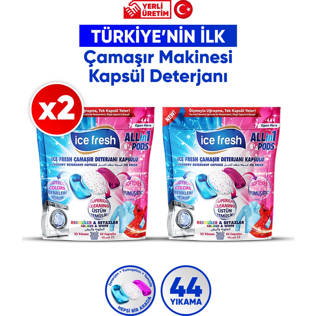 Ice Fresh 2'li Çamaşır Makinesi Deterjanı Kapsül 3’ü 1 Arada Jel Form 44 Yıkama Yerli Üretim Kalıntı Bırakmaz Çamaşır Makineleri Fiyatı