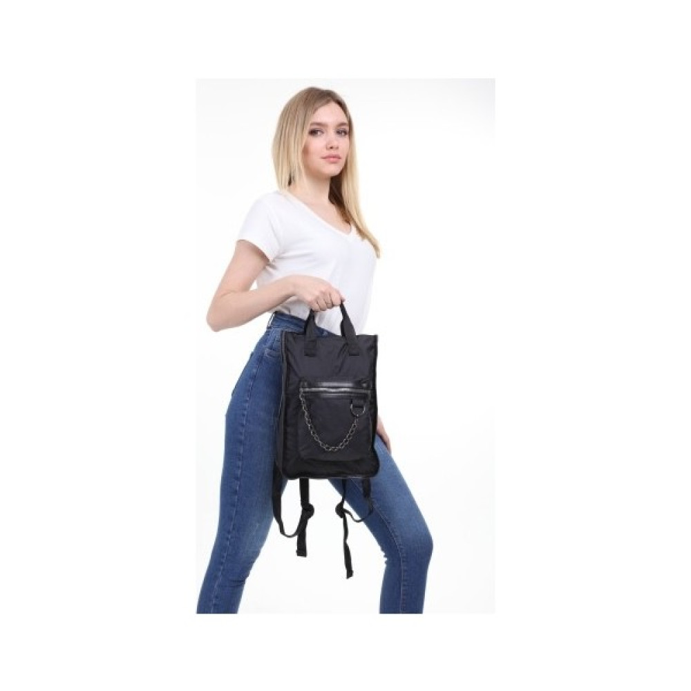 İcone Bag Siyah Kadın Çantası Paraşüt Kumaş Zincir Detaylı El ve Sırt Kullanımlı Ön Cep Fermuarlı Sırt Çantası Bayan Sırt Çantası Fiyatı