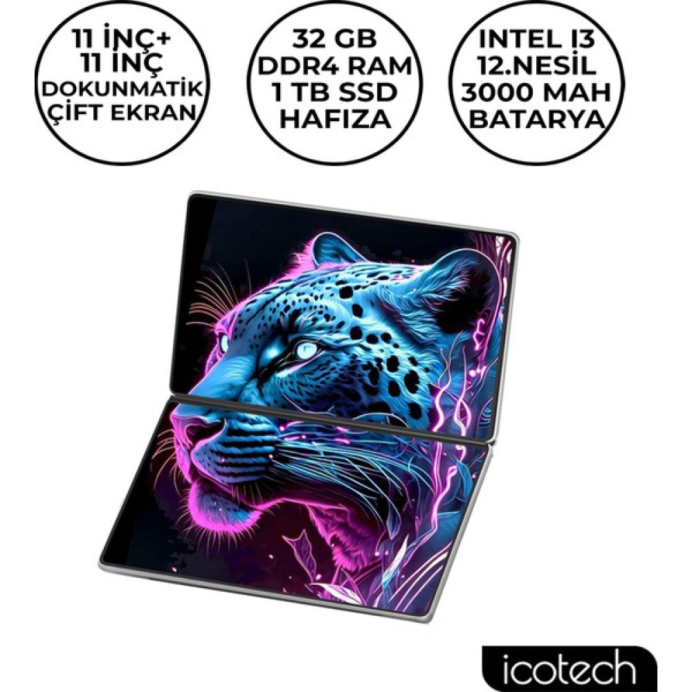 Icotech DS11 Plus 11+11 Inç I3 12.nesil 32GB Ram 1 Tb SSD Çift Ekranlı Dokunmatik Laptop Dizüstü Bilgisayar Dizüstü Bilgisayar Fiyatı