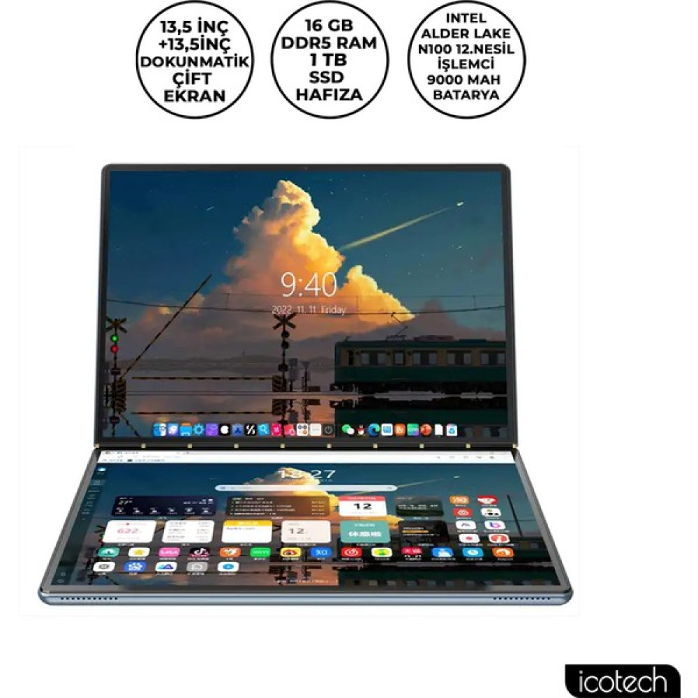 Icotech DS13 Plus 13,5 Inç 2,5k 16GB Ram 1TB SSD Çift Ekranlı Dokunmatik Laptop Dizüstü Bilgisayar Dizüstü Bilgisayar Fiyatı