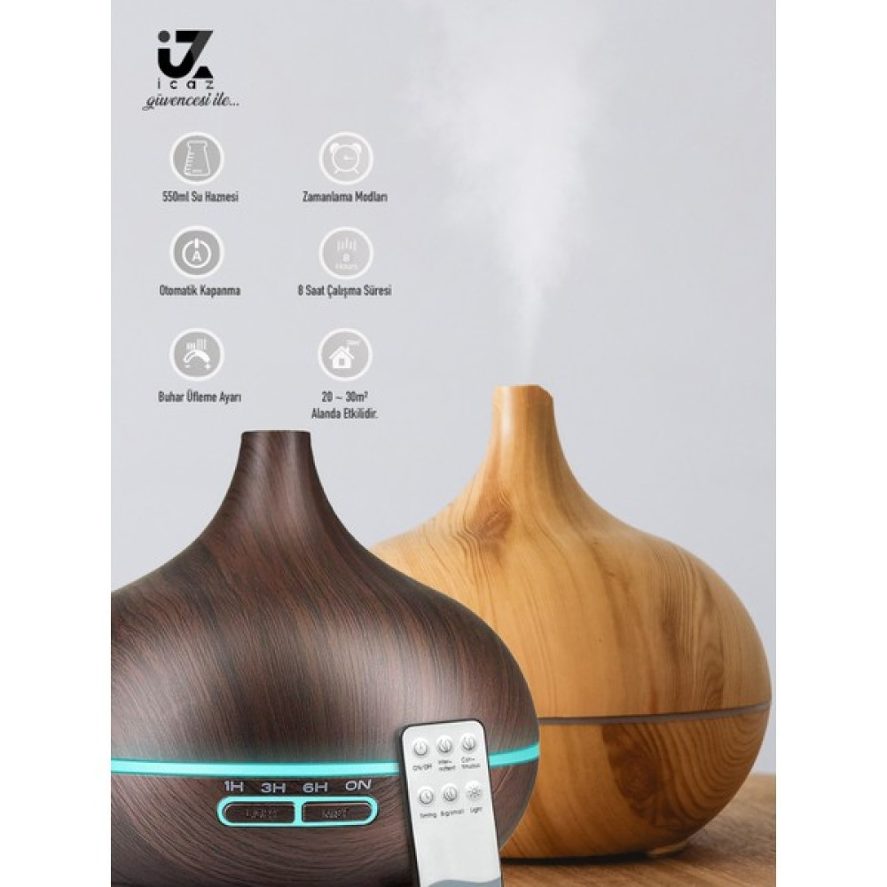 İCZ Ultrasonic 550 ml Hava Nemlendirici Ahşap Görünüm Ortam Nemlendirici Hava Nemlendirici Buharlı 7 LED - Beyaz Diğer Fiyatı
