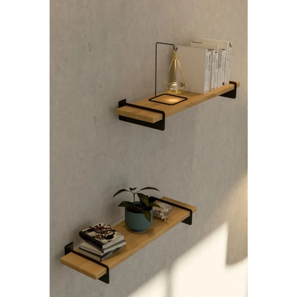 İda Wooden Alto Demir Ayaklı Duvar Rafı - Demir Ayaklı Meşe Duvar Kitaplığı 2 Adet Duvar Rafı Fiyatı