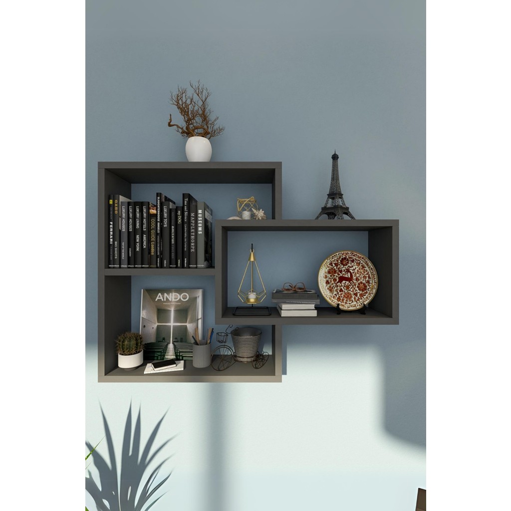 İda Wooden Sage Antrasit 3'lü Modern Duvar Rafı 80CM x 60CM - Antrasit - Gri Duvar Rafı Fiyatı