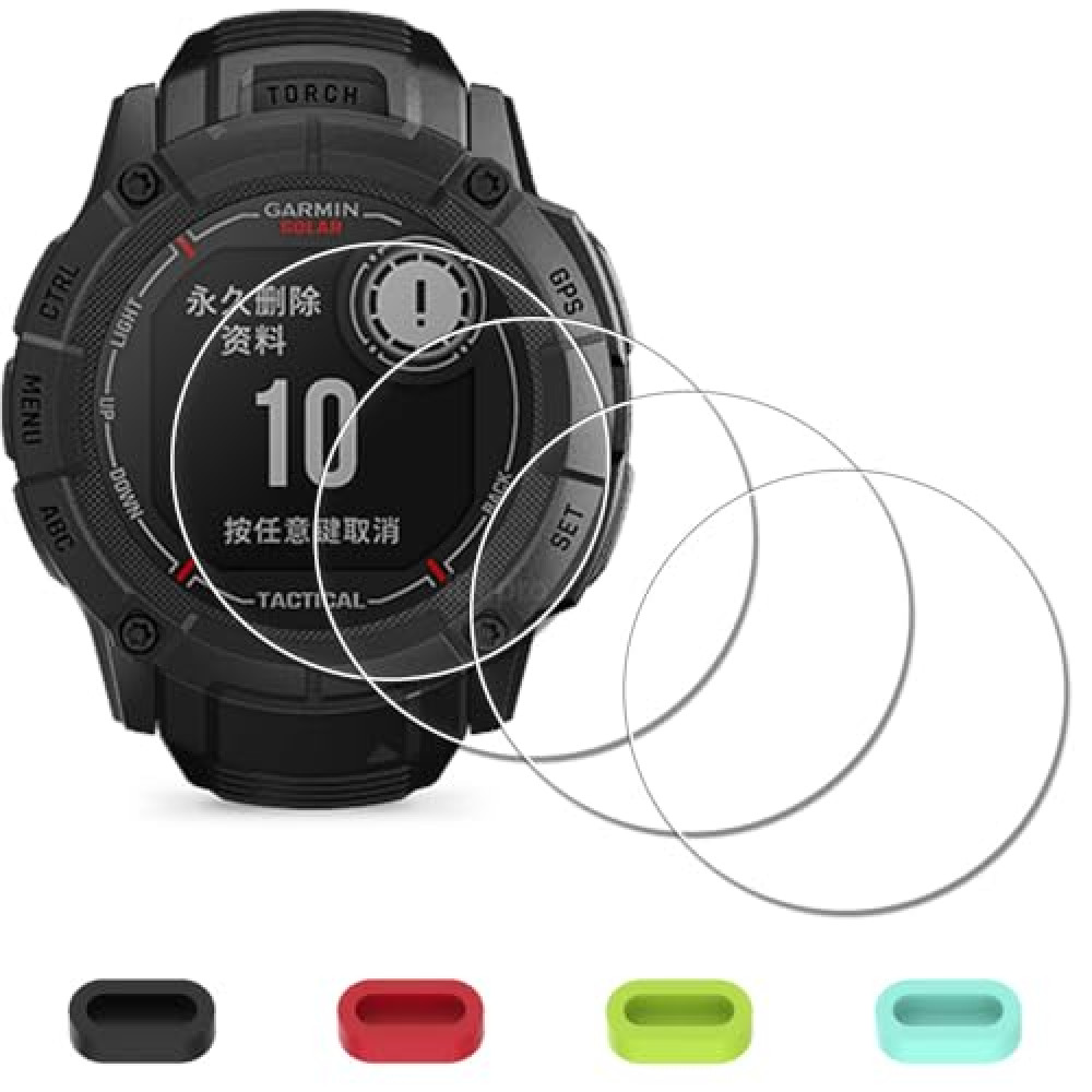 iDaPro [4Pcs Screen Protector for Garmin Instinct 2X Solar/Solar Tactical+[4Pcs] Silicone Anti-dust Plugs,Tempered Glass,9H Hardness,Anti-Scratch,Anti-Bubble,Easy Installation.