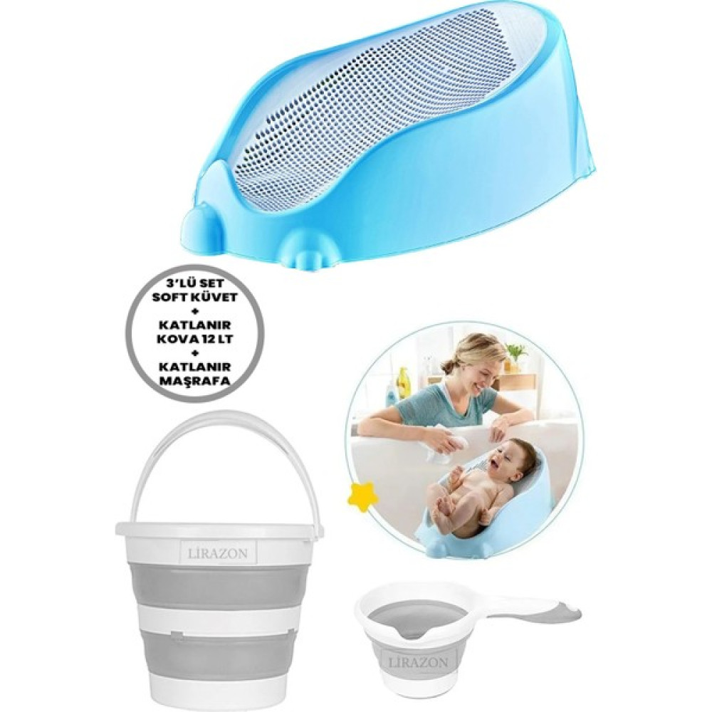 İdeal Baby 3'lü Set Soft Bebek Banyo Küveti & Katlanır Su Kovası Maşrafa Set - Antrasit Bebek Banyo Küveti Fiyatı