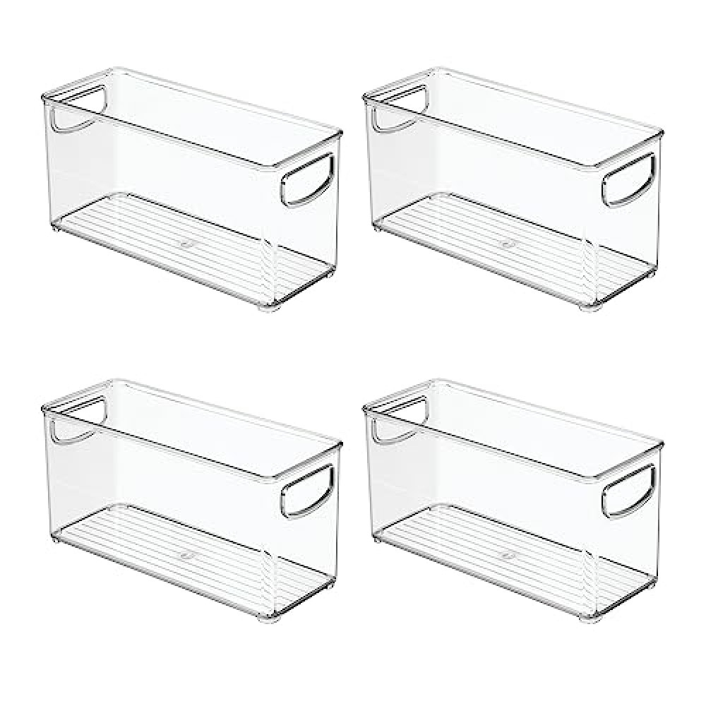 iDesign 4-Piece Recycled Plastic Small Stackable Kitchen Organizer Bin with Integrated Handles for Kitchen, Fridge, Freezer, Pantry & Cabinet Organization, The Linus Collection - 10" x 4" x 5", Clear