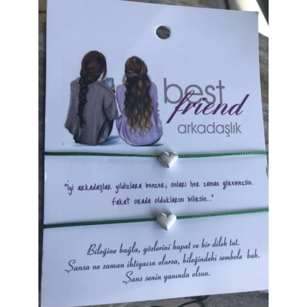İdilden Takı Aksesuar Bff Arkadaşlık Bilekliği Gümüş Renk Kalp Ikili Ayarlanabilir Ipli Bileklik Yeşil - Koyu Yeşil Saat ve Bileklik Aksesuarı Fiyatı